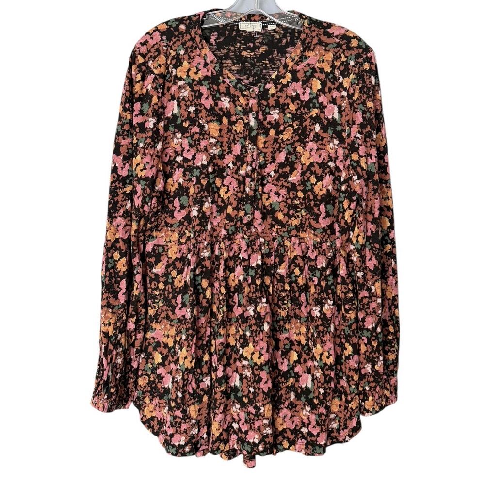 Fat Face Ditsy Floral Tunic Blouse Women’s 12 Button Front Neutral Boho Festival